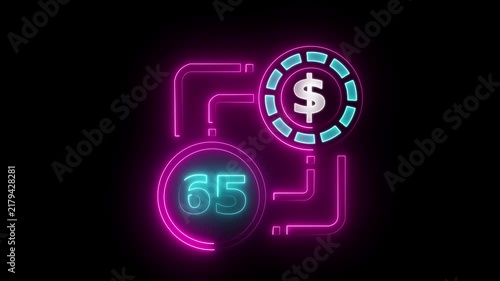 65 dollar sign text vibrant neon green on black background, financial wealth and currency concept. Neon check mark with payment successful. Confirmation, money transaction concept.