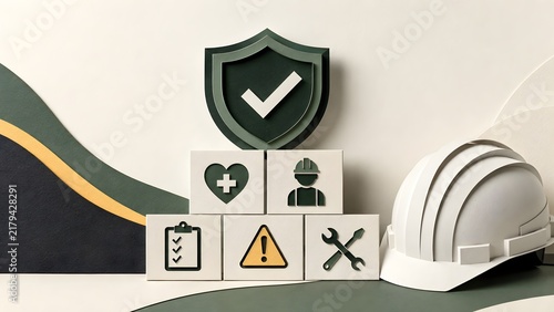 Work Safety and Occupational Health Concept with Hard Hat and Protective Icons on Blocks