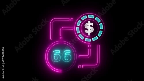 66 dollar sign text vibrant neon green on black background, financial wealth and currency concept. Neon check mark with payment successful. Confirmation, money transaction concept.