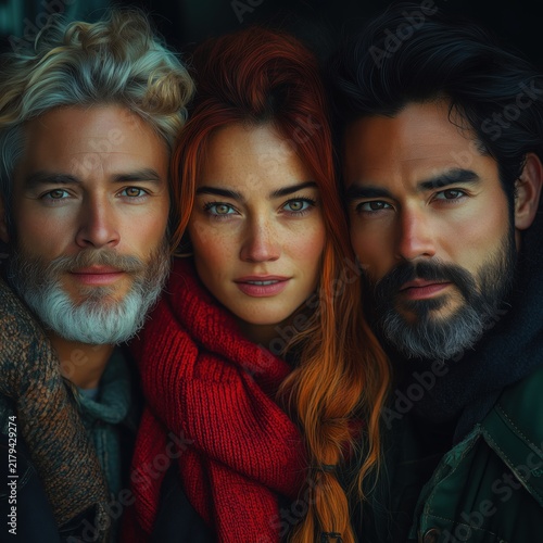 Close up portrait of group of three handsome attractive friends featuring redheaded woman in red scarf flanked by two bearded men