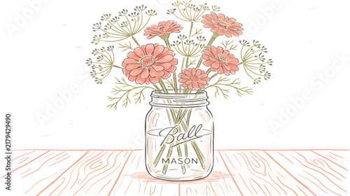 Minimalist Coral Zinnia Botanical Sketch