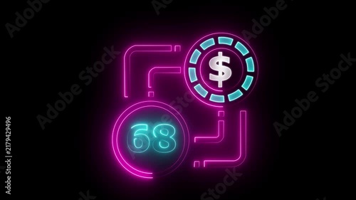 68 dollar sign text vibrant neon green on black background, financial wealth and currency concept. Neon check mark with payment successful. Confirmation, money transaction concept.
