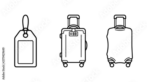 Vector line icons set of travel luggage with suitcase baggage tag and protective suitcase cover
