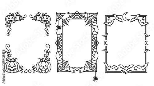 Halloween decorative border frame vector set featuring pumpkins spider webs and bats