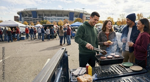 Friends grilling burgers on truck tailgate at football tailgate party. Sports fans celebrating outdoors