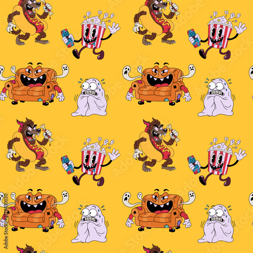 Halloween Seamless Pattern with Funny Monsters, Ghosts and Spooky Characters