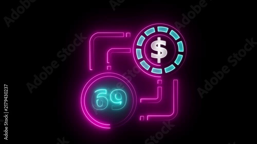 69 dollar sign text vibrant neon green on black background, financial wealth and currency concept. Neon check mark with payment successful. Confirmation, money transaction concept.