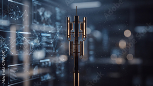 Telecommunication tower stands against a digital network interface with futuristic glowing data graphs.