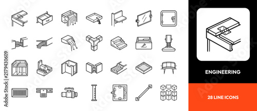 Essential industrial engineering and structural mechanics outline vector icons set