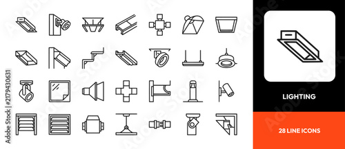 Minimalist architectural lighting fixtures and home illumination outline vector icons grid