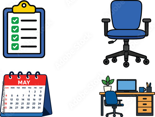 Office Workspace Vector Illustration Set – Clipboard Checklist, Office Chair, Desk Calendar & Work Desk