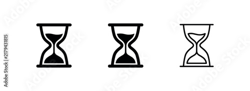 Set of hourglass icons, showing sand flowing, in black fill, outline with fill, and outline styles