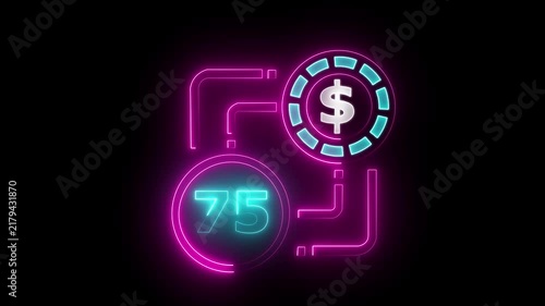 75 dollar sign text vibrant neon green on black background, financial wealth and currency concept. Neon check mark with payment successful. Confirmation, money transaction concept.
