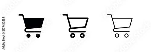 Foto Shopping cart icon set: solid black, outlined, and minimal outline on white back