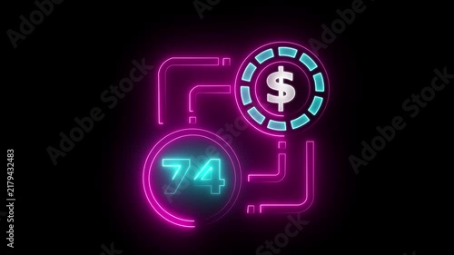 74 dollar sign text vibrant neon green on black background, financial wealth and currency concept. Neon check mark with payment successful. Confirmation, money transaction concept.