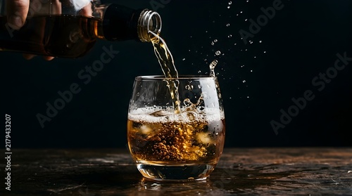 Whiskey being poured from a bottle into a glass with ice on dark background