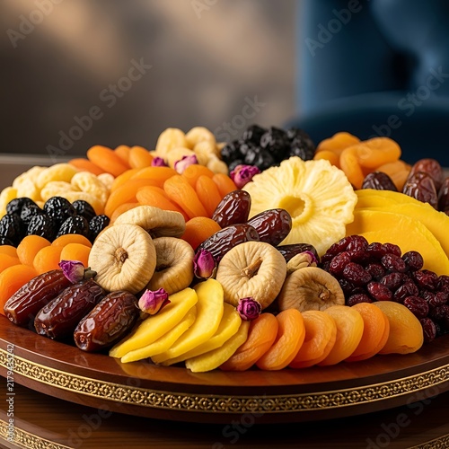 Assorted dried fruits and nuts platter on a wooden tray for healthy snack catering