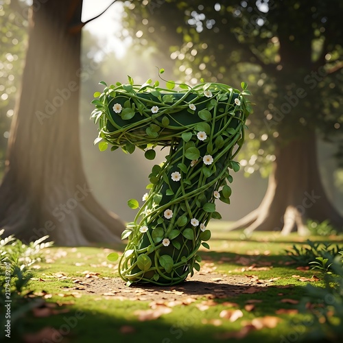 Number seven made of green leaves and white flowers in a sunny forest clearing.