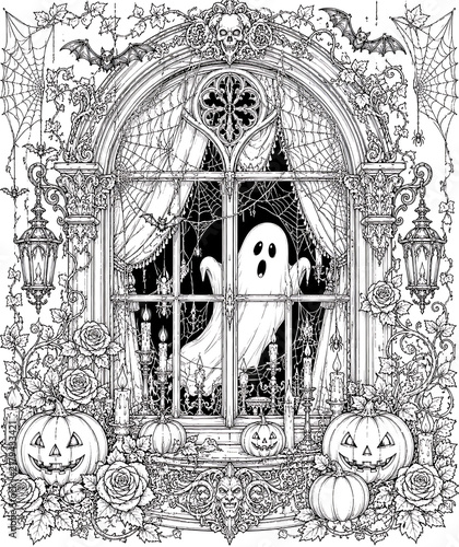 Gothic Halloween Window with Ghost and Pumpkins, gothic Halloween, haunted window, Halloween window, ghost, pumpkins, spooky window, gothic architecture, haunted house, spooky scene, Halloween decorat