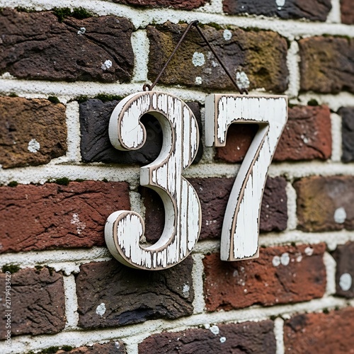 Rustic white house number 37 hanging on a weathered red brick wall background