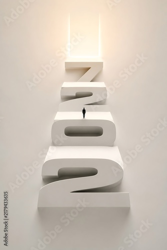 Minimalist Conceptual 3D Art of Small Silhouette Figure Walking Up Giant White 2027 Staircase Toward Bright Glowing Portal Door