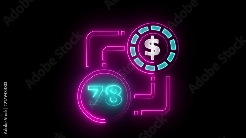 78 dollar sign text vibrant neon green on black background, financial wealth and currency concept. Neon check mark with payment successful. Confirmation, money transaction concept.
