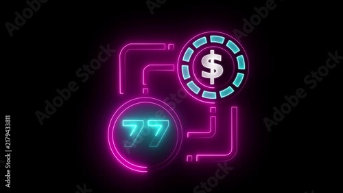 77 dollar sign text vibrant neon green on black background, financial wealth and currency concept. Neon check mark with payment successful. Confirmation, money transaction concept.
