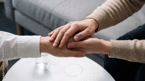 Close-up of hands holding in a supportive gesture, capturing emotional comfort and empathy for mental health awareness, professional counseling services, and social work marketing.