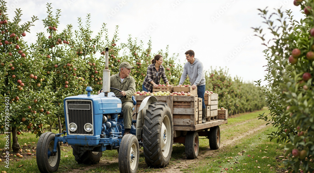 Fototapeta premium Blue vintage tractor pulling wooden wagon filled with fresh apples in orchard. Agricultural workers harvesting fruit on autumn farm