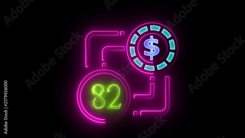 82 dollar sign text vibrant neon green on black background, financial wealth and currency concept. Neon check mark with payment successful. Confirmation, money transaction concept.
