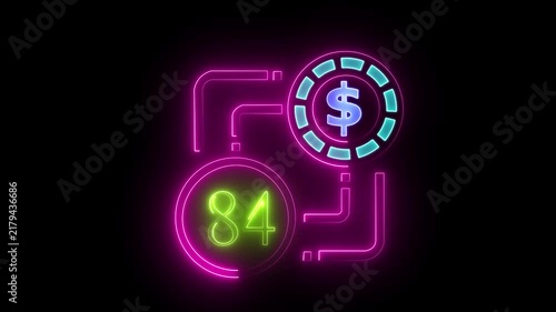 84 dollar sign text vibrant neon green on black background, financial wealth and currency concept. Neon check mark with payment successful. Confirmation, money transaction concept.