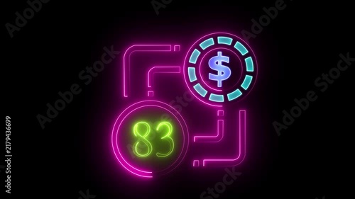 83 dollar sign text vibrant neon green on black background, financial wealth and currency concept. Neon check mark with payment successful. Confirmation, money transaction concept.