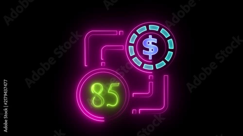 85 dollar sign text vibrant neon green on black background, financial wealth and currency concept. Neon check mark with payment successful. Confirmation, money transaction concept.