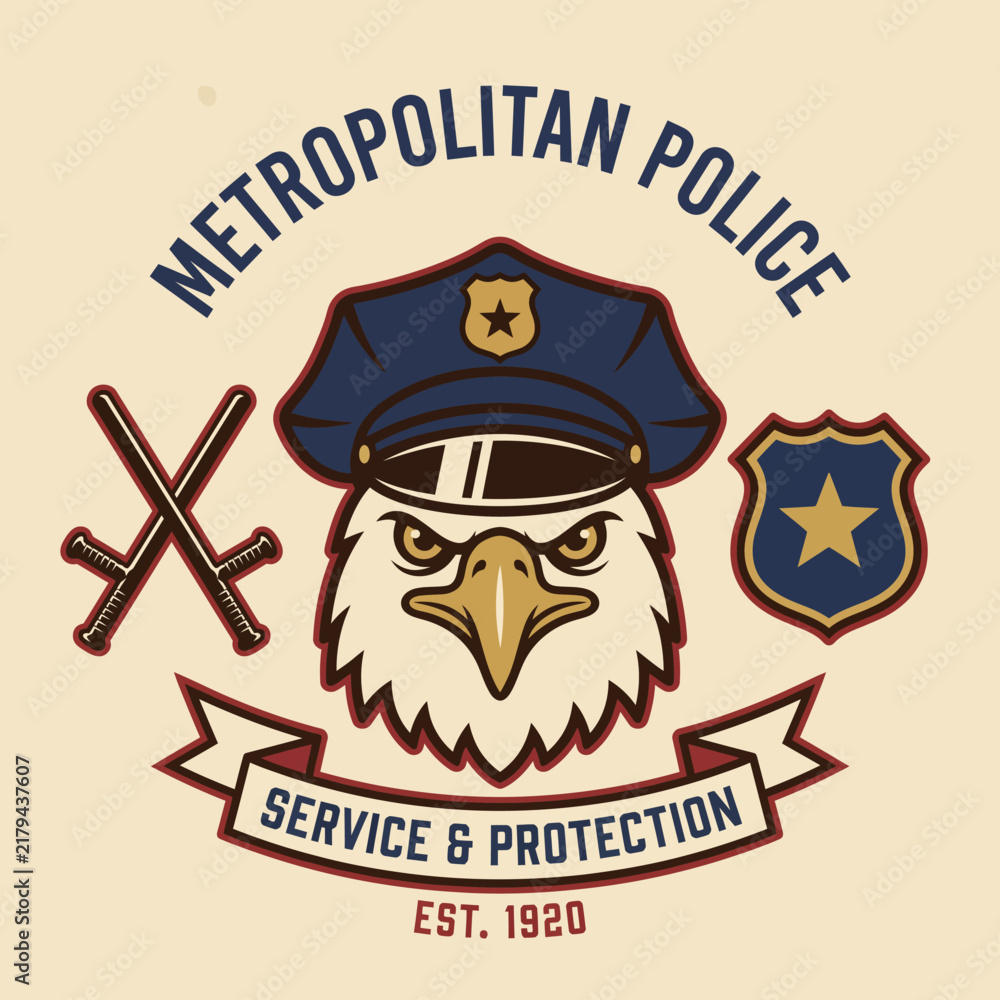 Fototapeta premium This striking emblem features an eagle with a police cap, crossed batons, and a shield. It symbolizes strength and protection by the Metropolitan Police established in 1920.