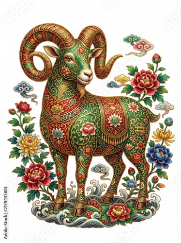 A decorative illustration of a ram with ornate patterns and colorful flowers, styled in a traditional Chinese zodiac art design.