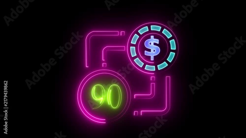 90 dollar sign text vibrant neon green on black background, financial wealth and currency concept. Neon check mark with payment successful. Confirmation, money transaction concept.