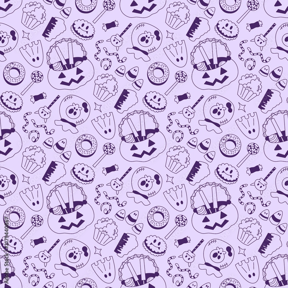 Fototapeta premium Playful Halloween candy seamless pattern featuring spooky sweets and treats in clean line art style, ideal for wrapping paper, packaging, textiles, backgrounds, and seasonal decorations.