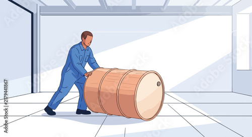 Worker pushes barrel in warehouse