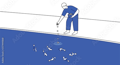Person feeding fish in a pond with clean background