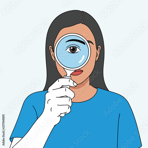 Person looking through magnifying glass, plain background
