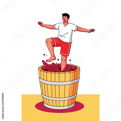 Man treads grapes in barrel, making wine, minimal background