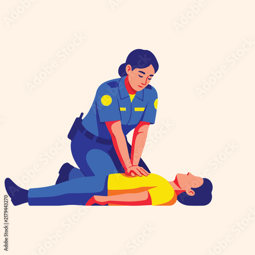 Officer performs CPR on patient lying down on a plain background