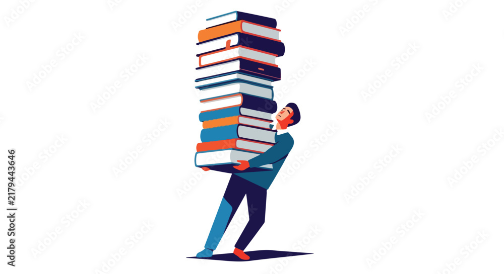 Obraz premium Person struggles carrying huge stack of books on white background