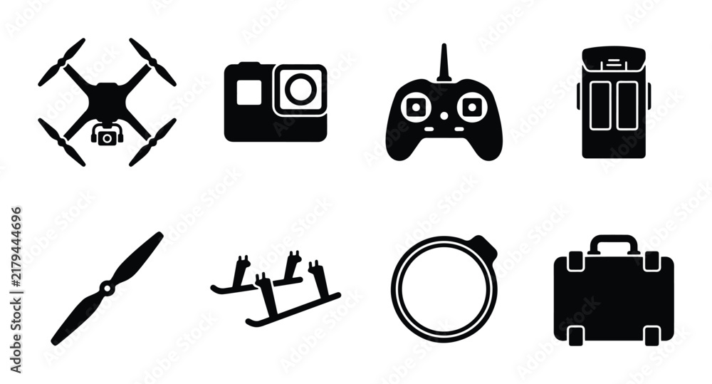 Fototapeta premium Drone Technology Icons: Quadcopter, Camera, Remote, Propeller, Landing Gear, Case