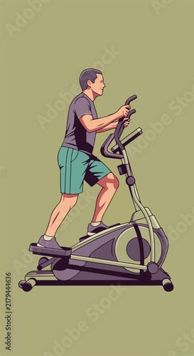 Person exercising on an elliptical machine indoors with plain background