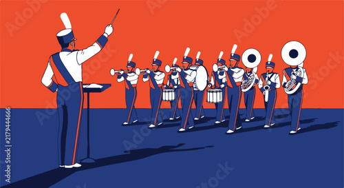 Conductor leads marching band playing instruments on a blue stage against orange