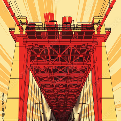 Underneath red bridge structure, sun rays in background