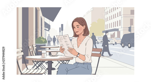 Woman reading menu at cafe table on city street with traffic