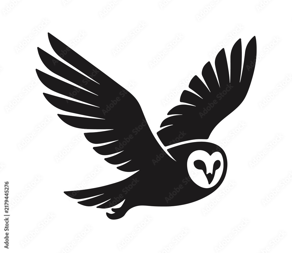 Obraz premium Flying owl side profile vector icon black and white halloween