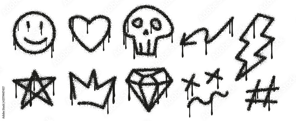 Obraz premium Black spray paint graffiti icons set. Urban aerosol stencil symbols, dripping paint smiley face, heart, skull, lightning, star, crown, and diamond elements. Street art doodle vector illustration set. 